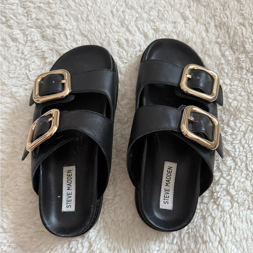 Steve Madden Black Slides with Gold Accents